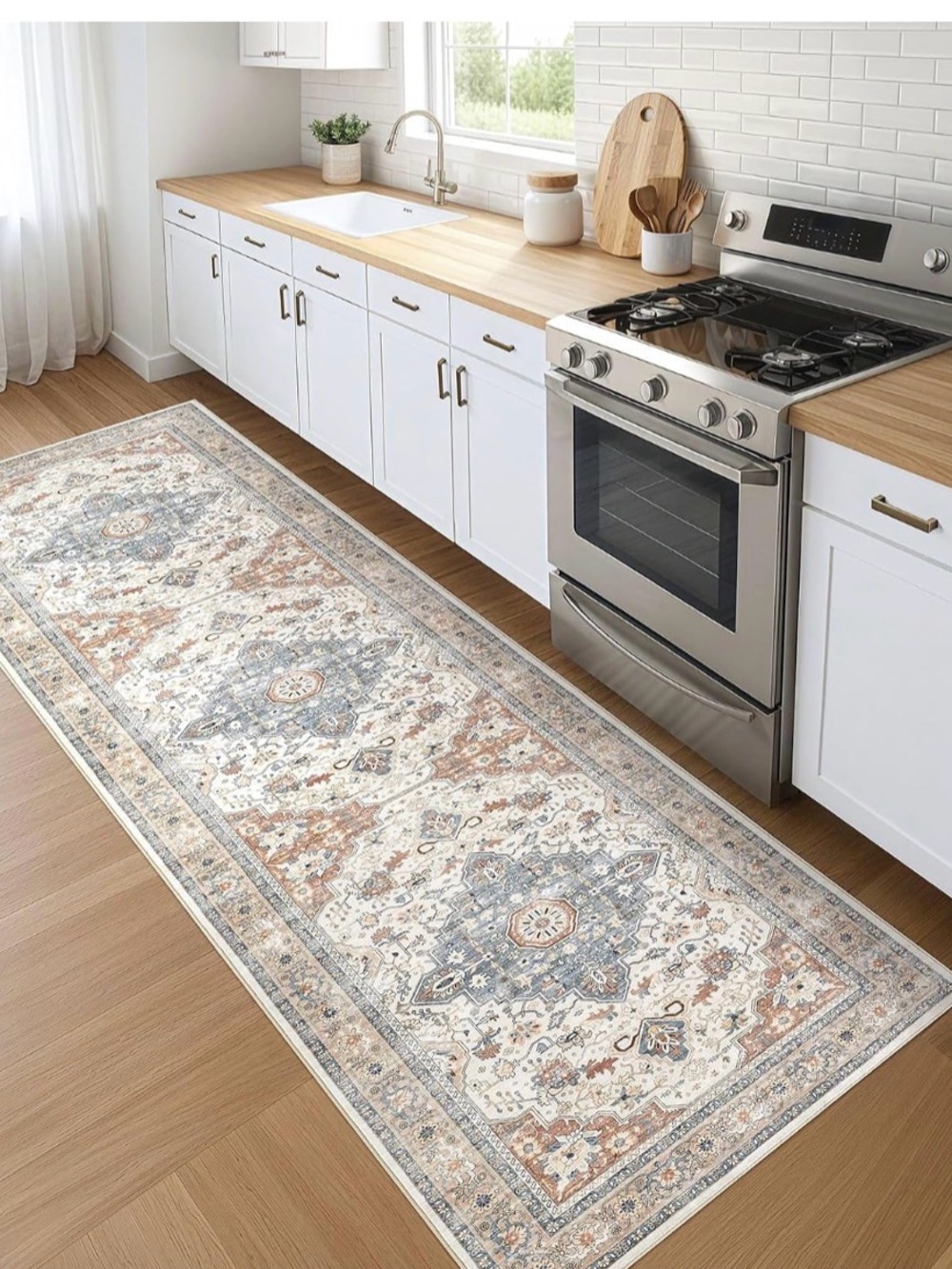 Classic Medallion Non-Slip Runner Rug in Cream, Blue, and Rust - Home Accent - Picture 7 of 11